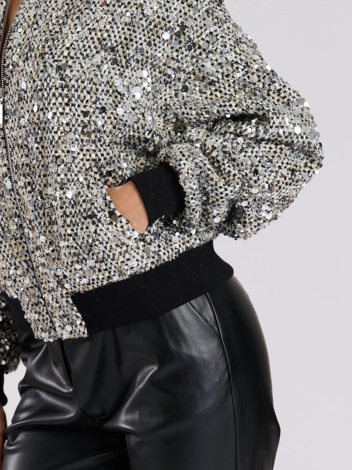 SILVER SEQUIN BOMBER JACKET