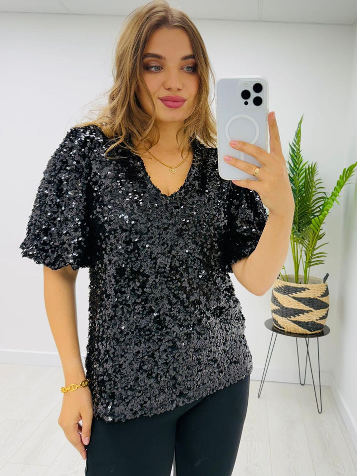 Black V-NECK SEQUIN TOP