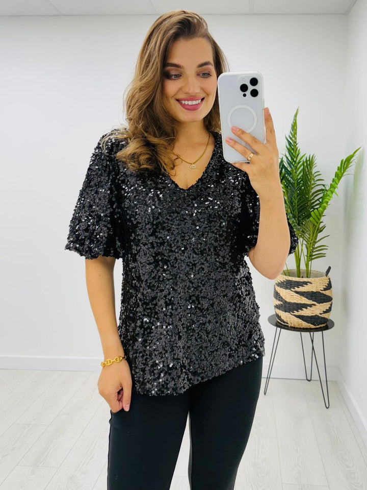 Black V-NECK SEQUIN TOP