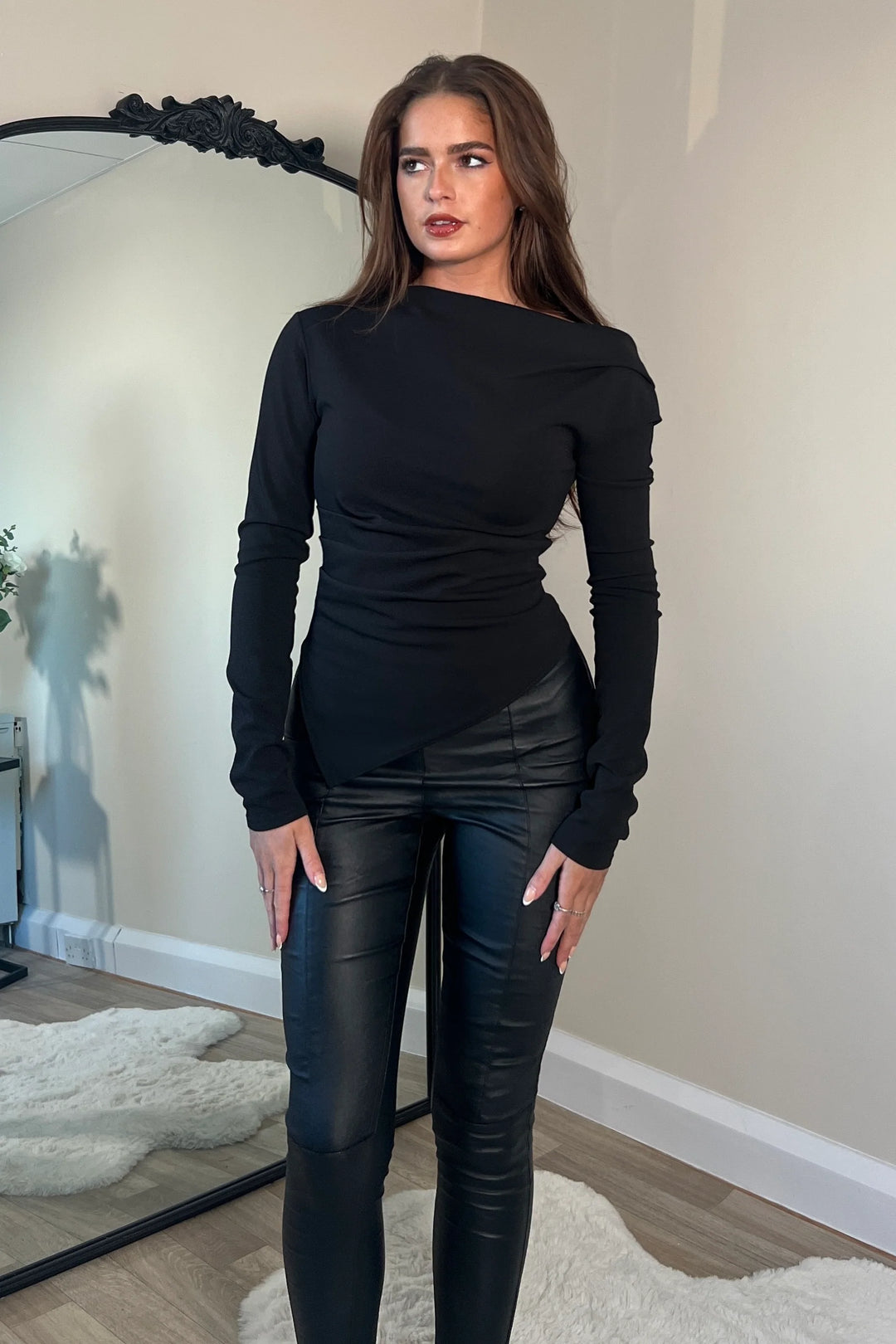 LOWEN ASYMMETRIC NECKLINE LONG SLEEVE BLACK TOP