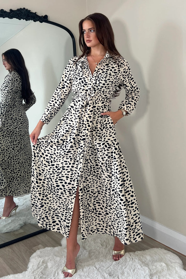 Angela Neutral Animal Print Shirt Maxi Dress