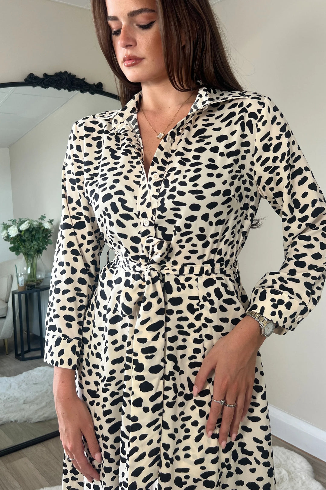 Angela Neutral Animal Print Shirt Maxi Dress