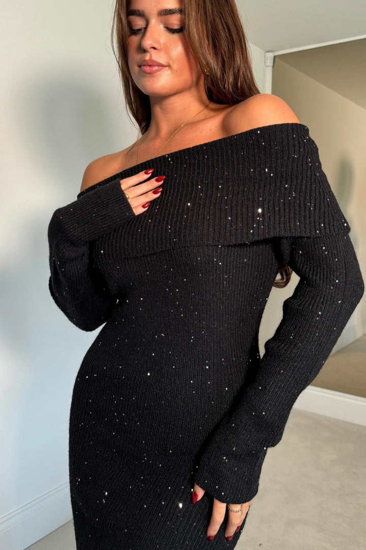 Brea Knitted Sequin Bardot Dress Black