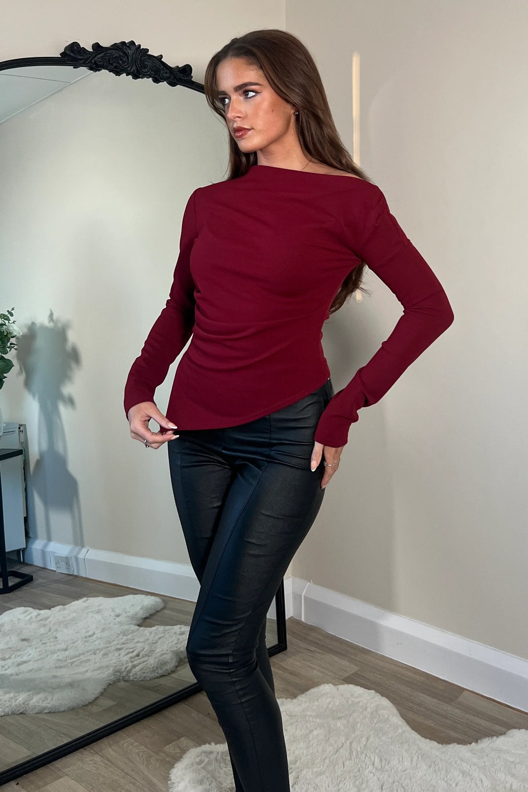 LOWEN ASYMMETRIC NECKLINE LONG SLEEVE WINE TOP