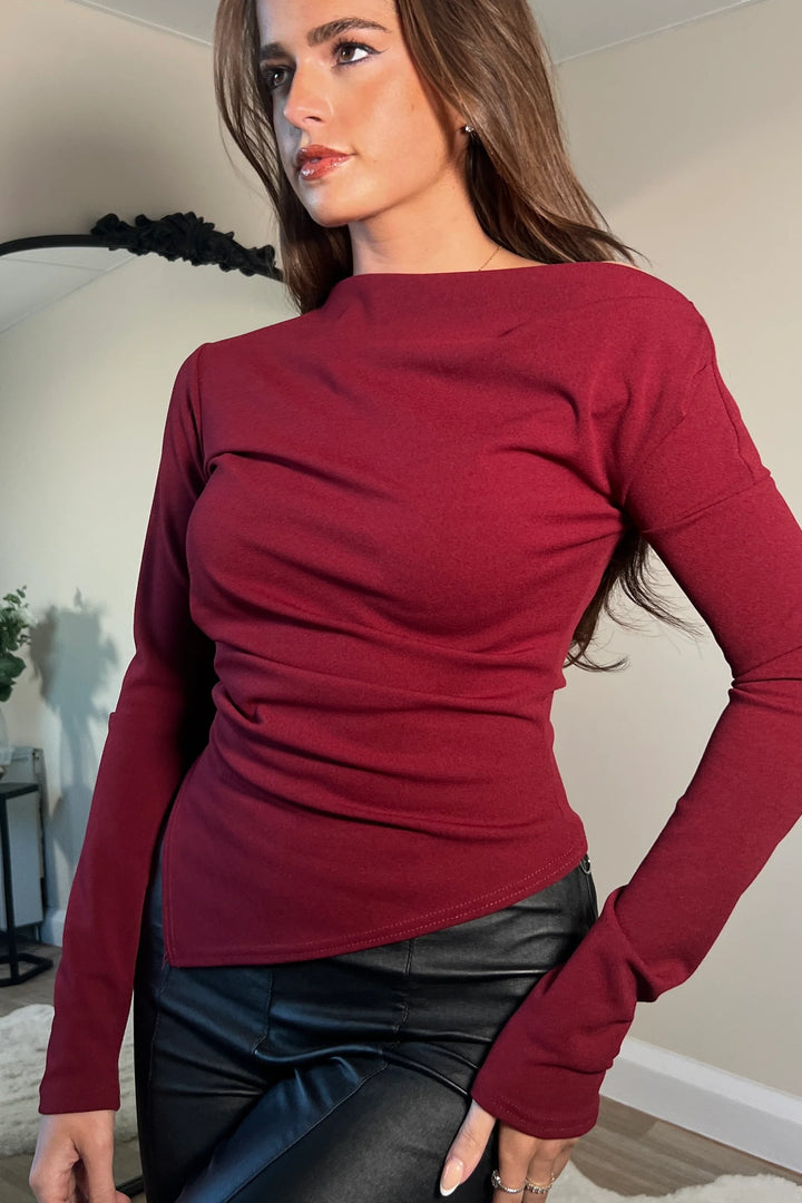 LOWEN ASYMMETRIC NECKLINE LONG SLEEVE WINE TOP