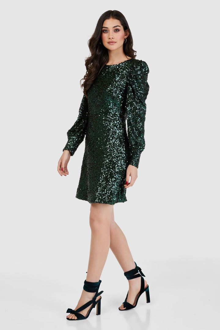 GREEN PUFF SLEEVE SEQUIN DRESS