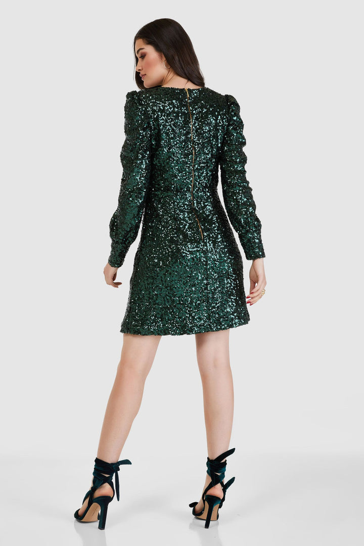 GREEN PUFF SLEEVE SEQUIN DRESS